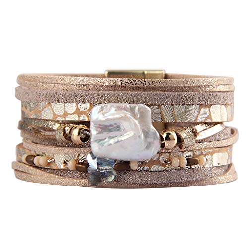 Jeilwiy Womens Leather Cuff Bracelet Baroque Pearl Wrap Bracelets Gorgeous Gold Tube Bangle Handmade Wristbands Jewelry Bohemian Gift for Women, Teen Girls, Mother