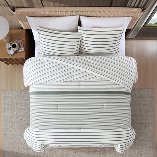 Image of Eddie Bauer - Twin Comforter Set, Cotton Bedding with Matching Sham, Two-Piece Back Closure, Dorm Essentials (Cooper Stripe Green)