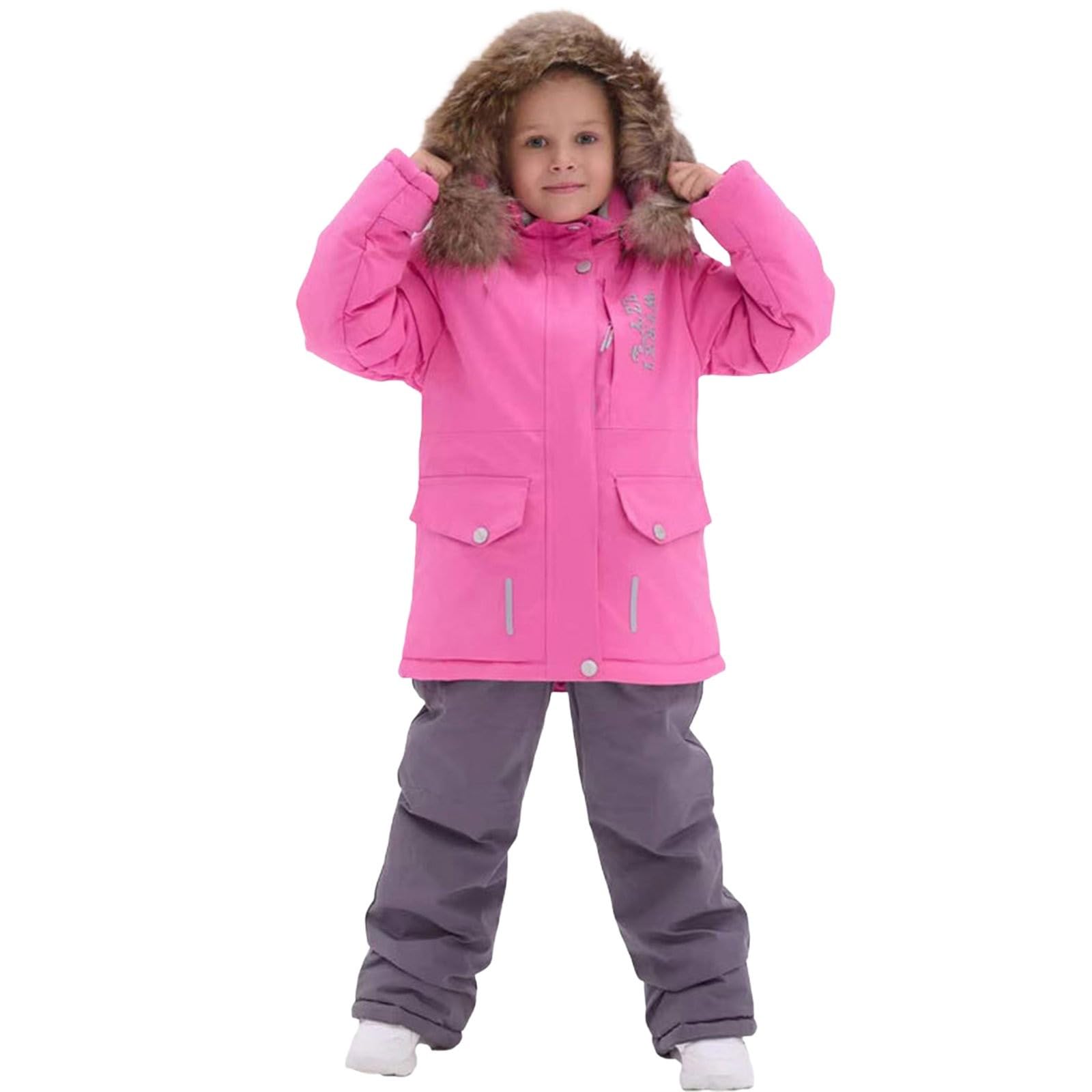 Trajes de esquí para niños y niñas, dos piezas para niños, abrigo cálido con capucha y pantalones de nieve, impermeable, resistente al viento, grueso, cálido, traje de nieve para esquí al aire libre