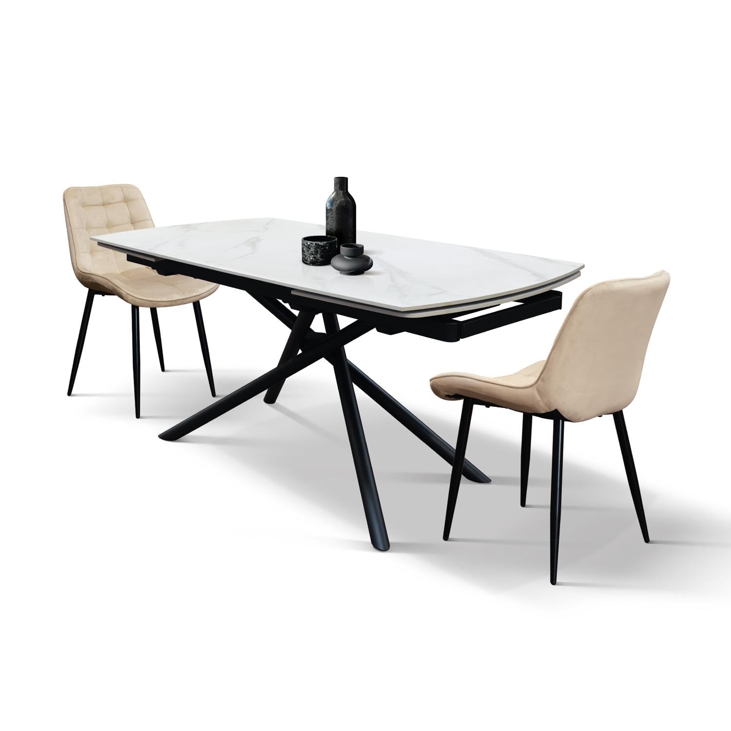 KONTE.DESIGN Tavolo BONIFACIO in ceramica bianco statuario e base in metallo verniciato nero, allungabile 160x90 cm - 240x90 cm