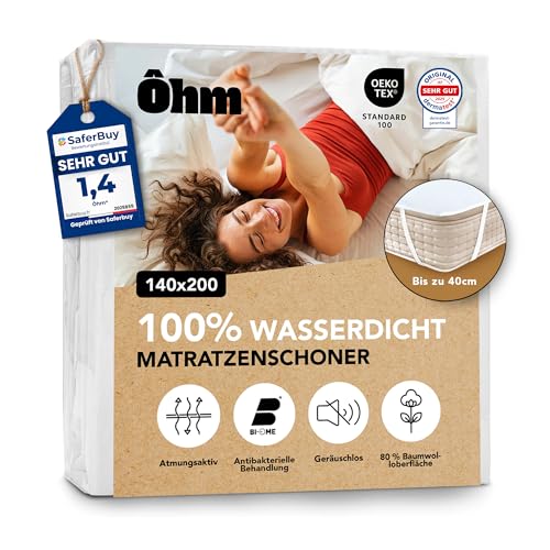 Ôhm Matratzenschoner 140x200 cm wasserdicht atmungsaktive Baumwoll-Auflage Schutz für Allergiker Inkontinenz und Kinder Anti-Milben Elastikbänder bis 40 cm Oeko-Tex
