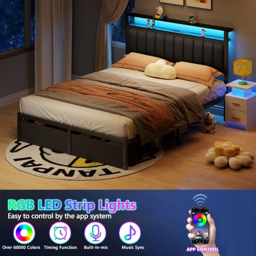 Image of Furnulem Queen Bed Frame with Storage Drawers and Upholstered Headboard