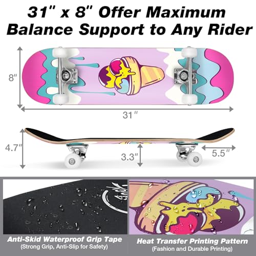 Image of BELEEV Skateboards for Beginners, 31 x 8 inch Complete Skateboard for Kids Teens Adults, 7 Layer Canadian Maple Double Kick Deck Concave Cruiser Trick Skateboard with Multifunction Skate T-Tool
