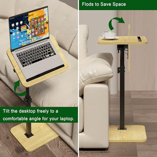Image of 360 Swivel Sofa Side Table for Couch - Set of 2 - Adjustable Height Laptop Table for Work, TV Trays Table for Snacks Reading fits Bed Chair with Phone & Tablet Slot
