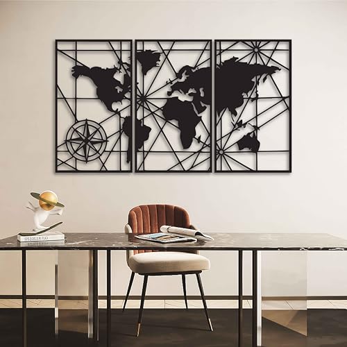 KAWA METALWORKS Arte de pared de metal con mapa del mundo, juego de 3 esculturas de mapa grande, decoración moderna de pared de mapa del mundo para sala de estar, obra de arte de metal para decoración