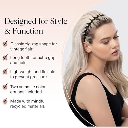 Kitsch Zig Zag Headbands for Women - Black and Tortoise, 2 pcs - 3