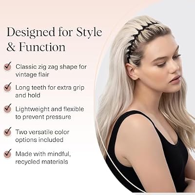 Kitsch Zig Zag Headbands for Women Fashion Accessories for Slicked Back Styles - Comfortable Wavy Headbands | Comb Headband with Teeth | Ideal Gifts for Women - Black and Tortoise - 2 pcs