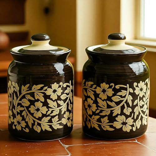 Image of Floral Black Ceramic Handglazed Pickle Jars Set of 2-1000 ML Each | 1 kg Achaar Martban Barni Jar with Lid | Ceramic Storage Jar Container Pickle /Achar, Chatney, Sugar