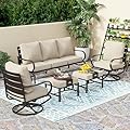 PHI VILLA 5 PCS Patio Furniture Set,Metal Outdoor Furniture Set with 1 x 3 Seater Deep Seating Bench, 2 x Swivel Sofa Chairs & 2 x Metal Cushioned Ottoman, Outdoor Patio Set for Garden