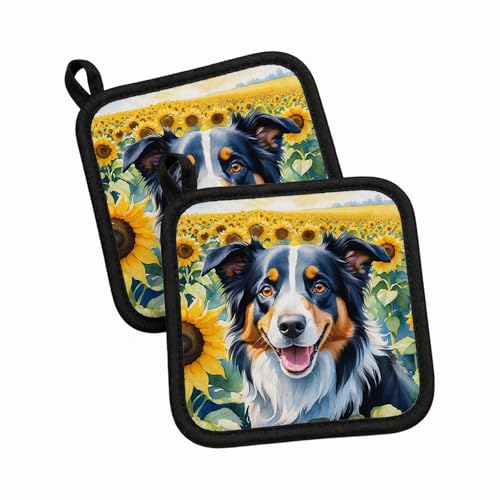 Caroline's Treasures Border Collie in Sunflowers Pair of Pot Holders Kitchen Heat Resistant Pot Holders Sets Oven Hot Pads for Cooking Baking BBQ, 7 1/2 x 7 1/2