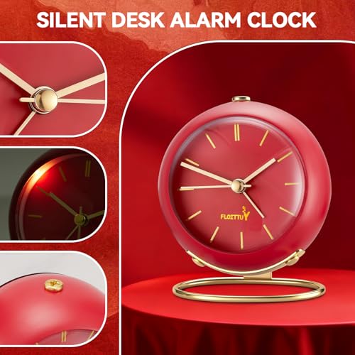 Image of FLOITTUY Silent Table Analog Alarm Clock No Ticking, Lighted on Demand and Battery Operated, Beep Sounds, Small Desk Clock(Tomato Red)