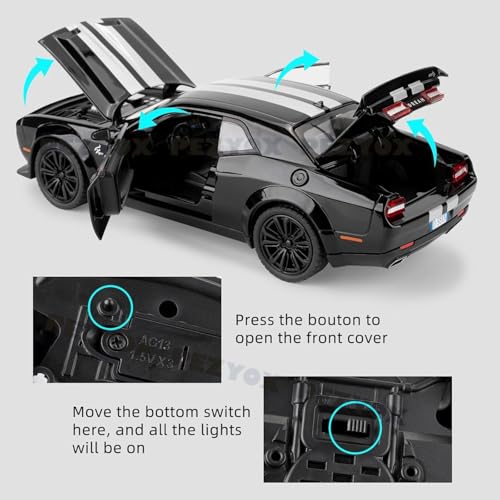 Image of 1:22 Dodge Challenger SRT Hellcat Die Cast Toy Car with Sound Light Pull Back Action Model Vehicle for Kids & Collectors Realistic Design Great Gift for Car Enthusiasts (Black)