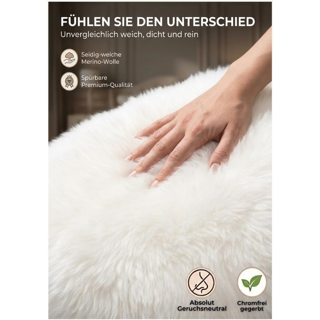 Premium Lammfell weiß 110cm - echtes Merino Schaffell | Superzartes Kuschelfell, echtes geruchsfreies Lammfell. warm im Winter und kühlend im Sommer