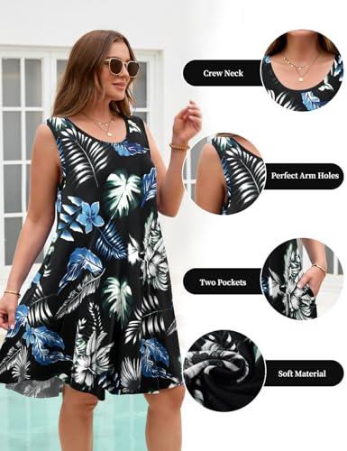 Image of JollieLovin Women Plus Size Curvy Summer Tank Sun Dresses Sleeveless Causal T-Shirt Dress Beach Swing Cover up(L-5X)