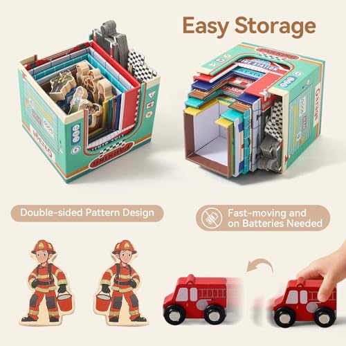 Image of 3-in-1 Sorting and Stacking Toys for Toddlers | Wooden Community Helpers, Nesting Boxes & Vehicle Track | Montessori Preschool Learning Toys Gift for 2 3 4 Year Old Boys Girls