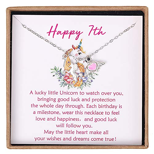Birthday Gift for 7 Year Old Girl Sterling Silver Pink Heart with Wings and Unicorn Charm Necklace Happy 7 Year Old Girl Gifts Birthday Idea with Card and Gift Box