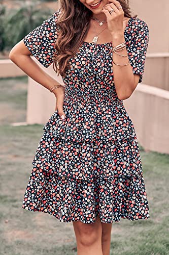 Image of PRETTYGARDEN Women's Summer Floral Ruffle Short Dress | Short Sleeve Square Neck, Flowy Tiered Hem, Fit and Flare, Flower Boho Dresses, Cute Beach Vacation Outfits, Fashion Clothing