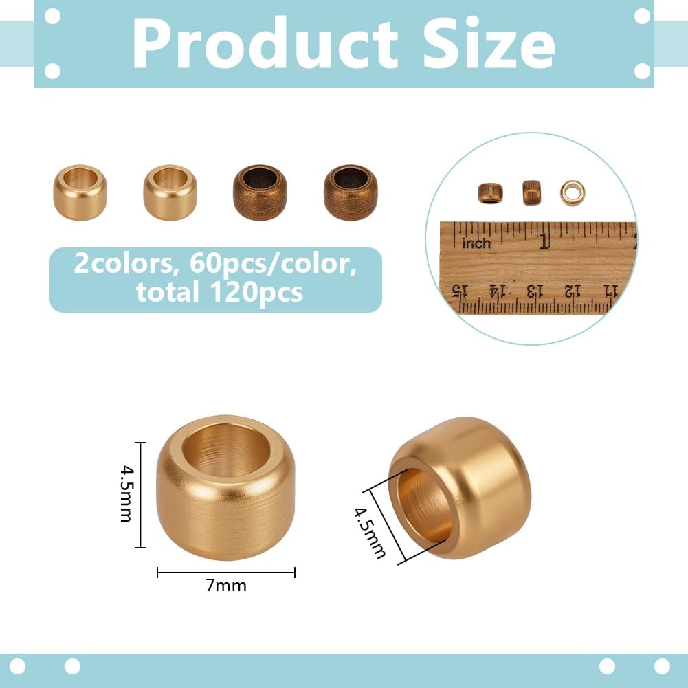 FINGERINSPIRE 120 Pack Gold Brass Barrel Paracord Beads 7x4.5mm 2 Colors Gold Rondelle Brass Spacer Beads Large Hole Metal Bead for Paracord Lanyards Keychain Crafts Bracelets Jewelry Making - Image 2