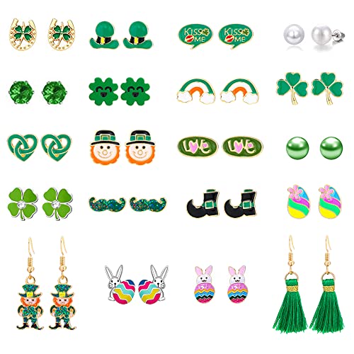 20 Pairs Hypoallergenic St. Patrick’s Day Earrings for Girls Cute Stud Earrings Sets for Teen Girls Women Easter Earrings Bulk Shamrock, Clover, Easter Egg, Bunny, Green Holiday Accessories Jewelry