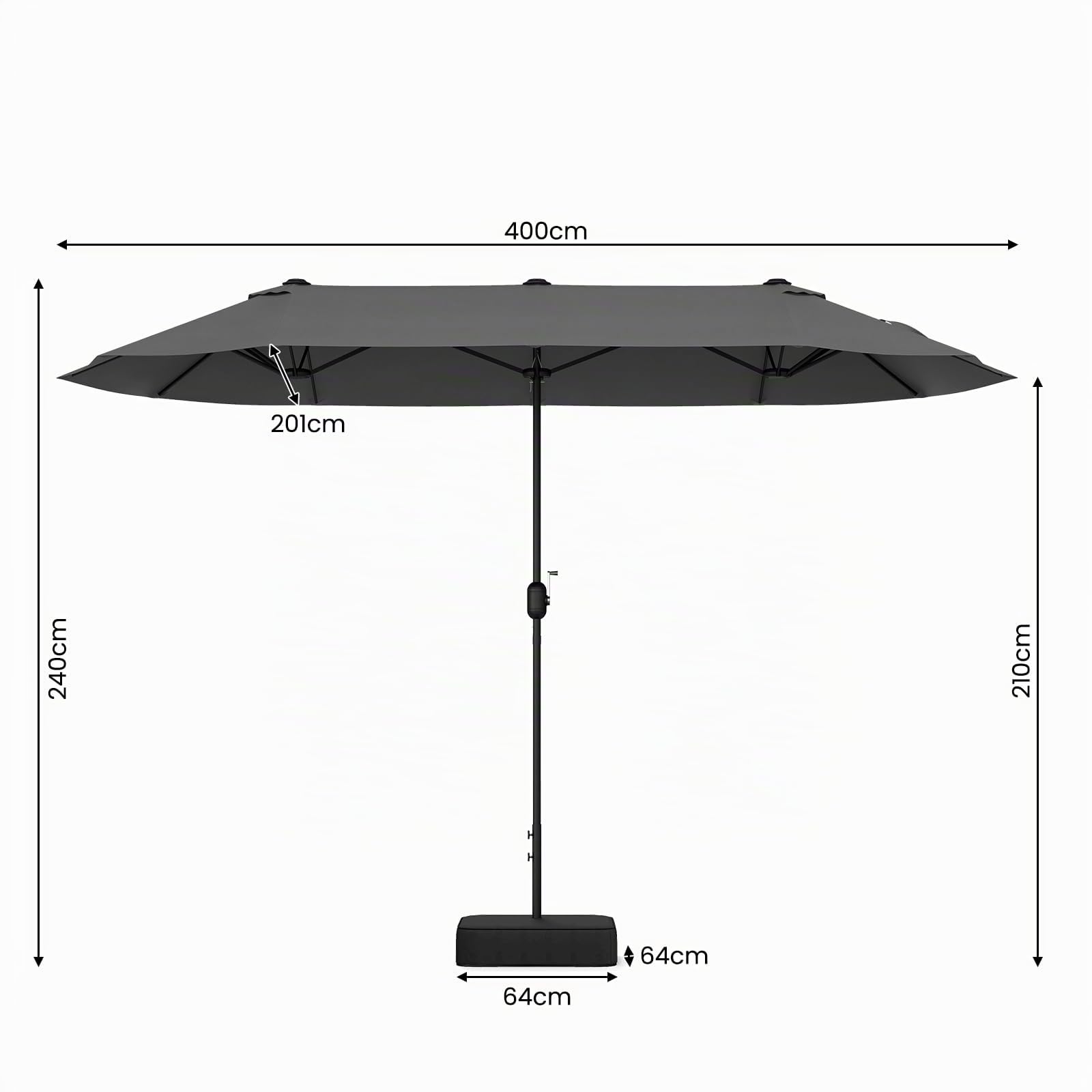 RELAX4LIFE Grand Parasol de Jardin Exterieur avec Pied, 4x2M Parasol Double pour Terrasse/Piscine/Marché, 12 Baleines Renforcées, Manivelle, Protection Solaire pour 6-8 Personnes (Gris)