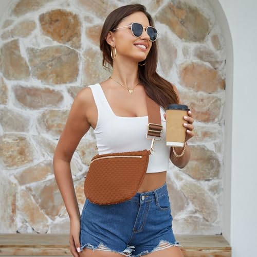 Image of Woven Crossbody Bags For Women, Checkered PU Waist Pack Travel Sling Bag | Adjustable Strap for Travel, Festivals, Beach Vacations, Dating & Daily Shopping (Brown)