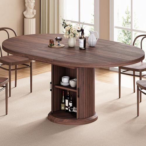 Dining Table for 4-6,63“Extendable Round Kitchen Dining Room Table with 2-Tier Storage Shelf, Space Saving Expandable Wood Oval Circle Dinner Furniture with Pedestal Base (Brown)