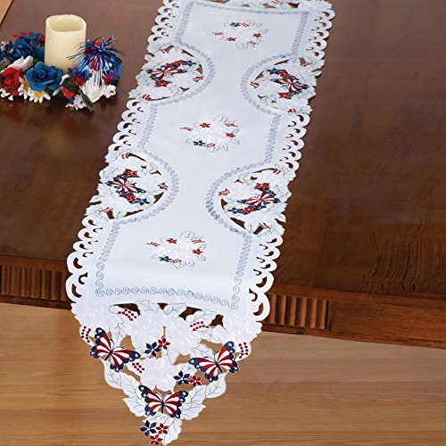 Collections Etc Embroidered Patriotic Americana Cut Out Lace Table Linens, White, Runner