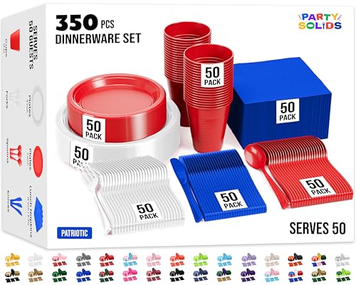 350 Pcs Patriotic Plastic Plates For Party, Patriotic Disposable Plates Set, 50 Of Each 9" Dinner Plate Set, 7" Dessert Plate, Cups, Napkins & Cutlery Plastic Dinnerware Set Exquisite