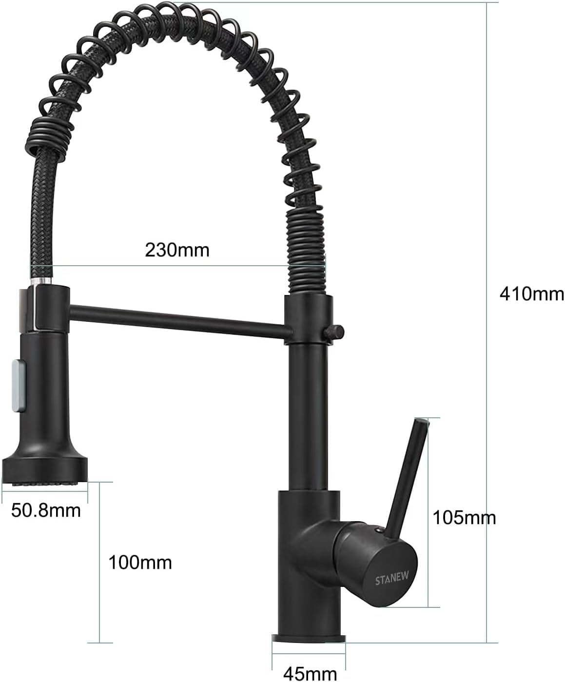 STANEW Robinet de Cuisine avec Douchette Pivotante 360°, 2 Modes de Pulvérisation, Design Économiseur d'Eau, Installation Facile, Noir