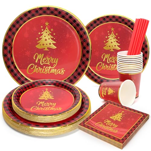 PARTY GO 125 Pezzi Piatti Natalizi Usa e Getta, Piatti Carta e Bicchieri Tovaglioli Natalizi Motivo Albero di Natale Rosso Stoviglie Monouso per Feste Servizio da 25 Persone
