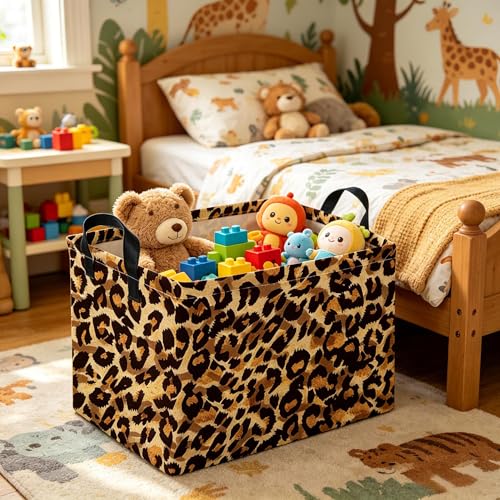 Image of Rectangular leopard print baskets,Kids Storage Bins,Collapsible Canvas Waterproof Storage Bin for Girls,Cute Organizer Box,Book baskets,baby room Decor(Leopard Print)