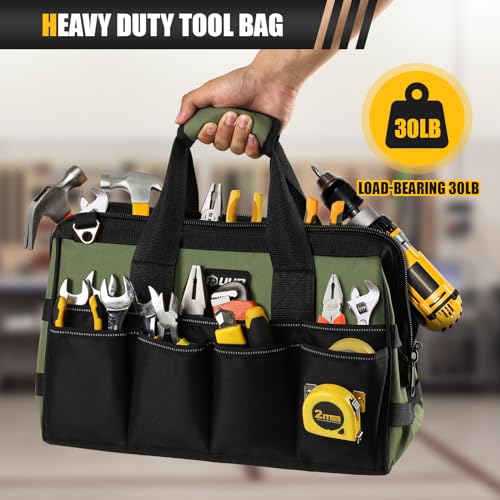 Heavy Duty Tool Bag 15-Inch, 16-Pocket Portable Empty Tool Box Organizer, Big Storage Toolbox Organization, Soft Handle Large Zipper Carrying Toolbag, Valentines Day Gifts for Him Dad Men, Green