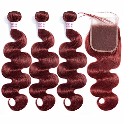 Aigemei Peruvian Virgin Hair Body Wave Burgundy 3 Bundle with 1pc 4x4 Free Part Lace Closure 100% Unprocessed Body Wavy Human Hair Extensions(22 22 24+20 Closure,Burgundy #33)