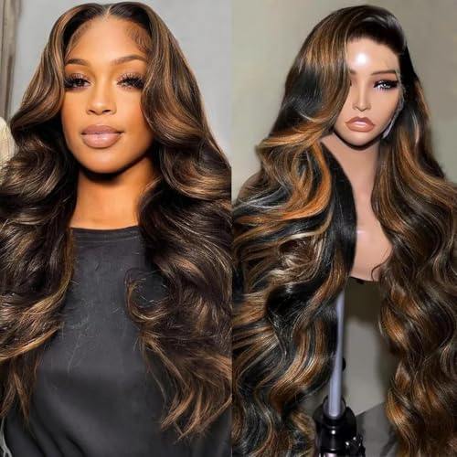 bobili 28 Inch Highlight Ombre Lace Front Wig Human Hair 13x4 HD Lace Front Wigs Body Wave Human Hair Wig 200 Density FB/30 Brown Balayage Ombre Frontal Wigs