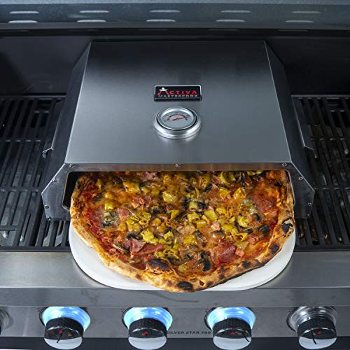 ACTIVA Pizza Box, Edelstahl Pizzaaufsatz ca. 44,5 x 13 x 35,5 cm, BBQ-Pizzaofen mit Temperaturanzeige für Holzkohlegrills und Gasgrills, Pizzaofen mit Pizzastein ca. 33,5 x 27,5 cm