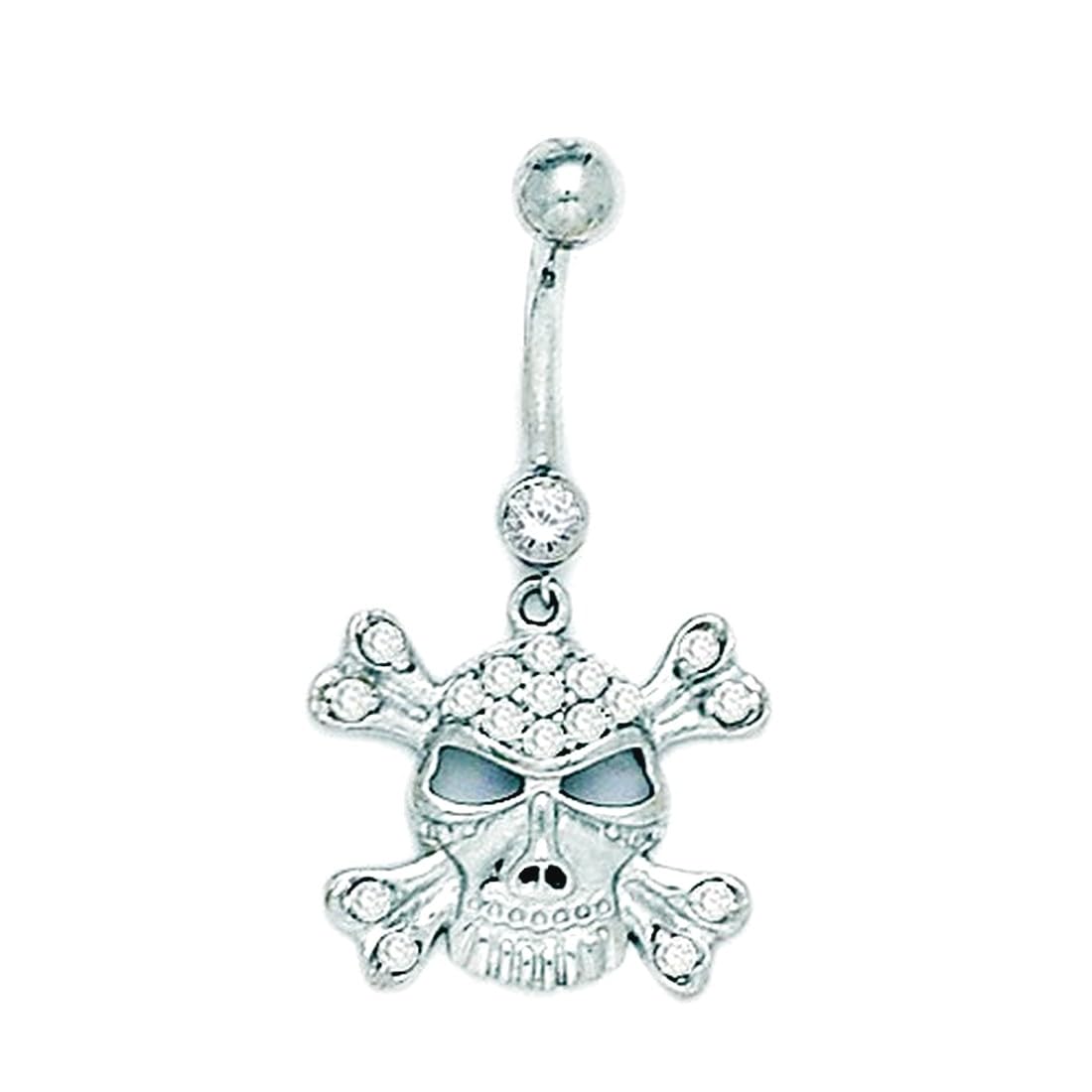Bauchnabelpiercing aus 14 Karat Weißgold, Zirkonia, 14 Gauge, baumelnder Totenkopf, religiöser Glaube, gekreuzte Knochen, Körperschmuck, Bauchnabelring, Maße: 35 x 18 mm, Schmuck für Damen, One Size,