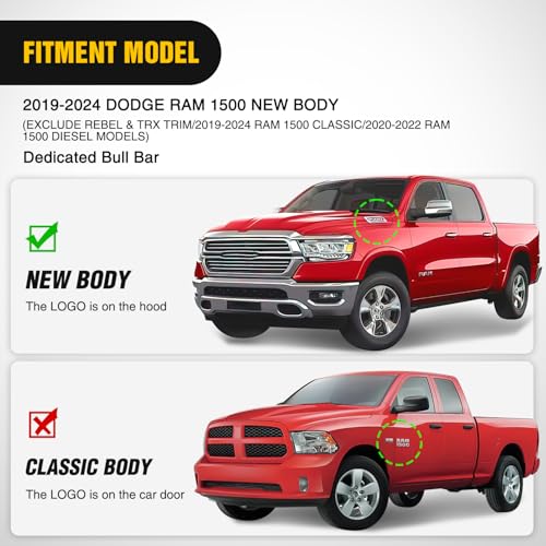 Image of Nilight Bull Bar with Light fits Dodge Ram 1500 New Body 2019-2024 (Not fit Rebel,TRX,Classic & 20-22Diesel) Front Bumper Grille Brush Push Guard with Skid Plate Licence Hole Black
