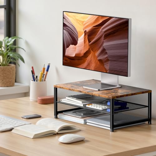 Image of ECOLOVI 2-Tier Computer Monitor Stand Riser, Printer & Laptop Stand, Office Desk Accessories, Workspace Desk Organizer for Home Office Supplies, Brown