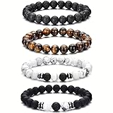 Joyandcelet Tiger Eye Bracelet for Men 8MM Natural Stone Stretch Adjustable Black Crystal Beaded Bracelet for Men Women Gifts, Beaded Bracelets (4 Packs, Exquisite Box/Pouch)