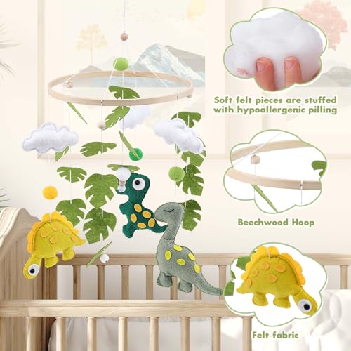 Welltop Baby Mobile for Crib, Handmade Jungle Boho Nursery Mobile, Felt & Bamboo, Dinosaur Clouds Leaf Bell, Unisex, Crib Mount - Image 3