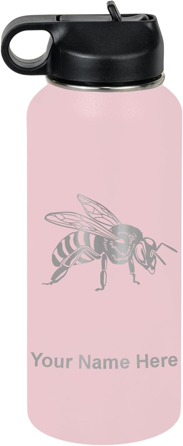 LaserGram Personalized Water Bottle, Honey Bee, Stainless Steel Double Wall Vacuum Insulated with Flip Top Straw, Custom Engraved Gift (32oz / 950ml Pink)