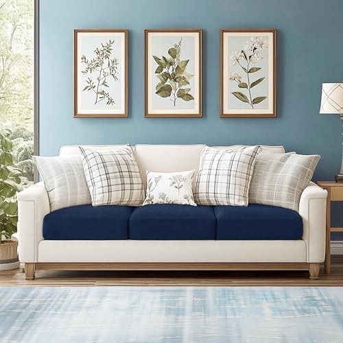 Image of CHUN YI Stretch Couch Cushion Cover, Fitted Loveseat Sofa Chair Seat Slipcover Furniture Protector, Checks Spandex Jacquard Fabric(3,Dark Blue), 3