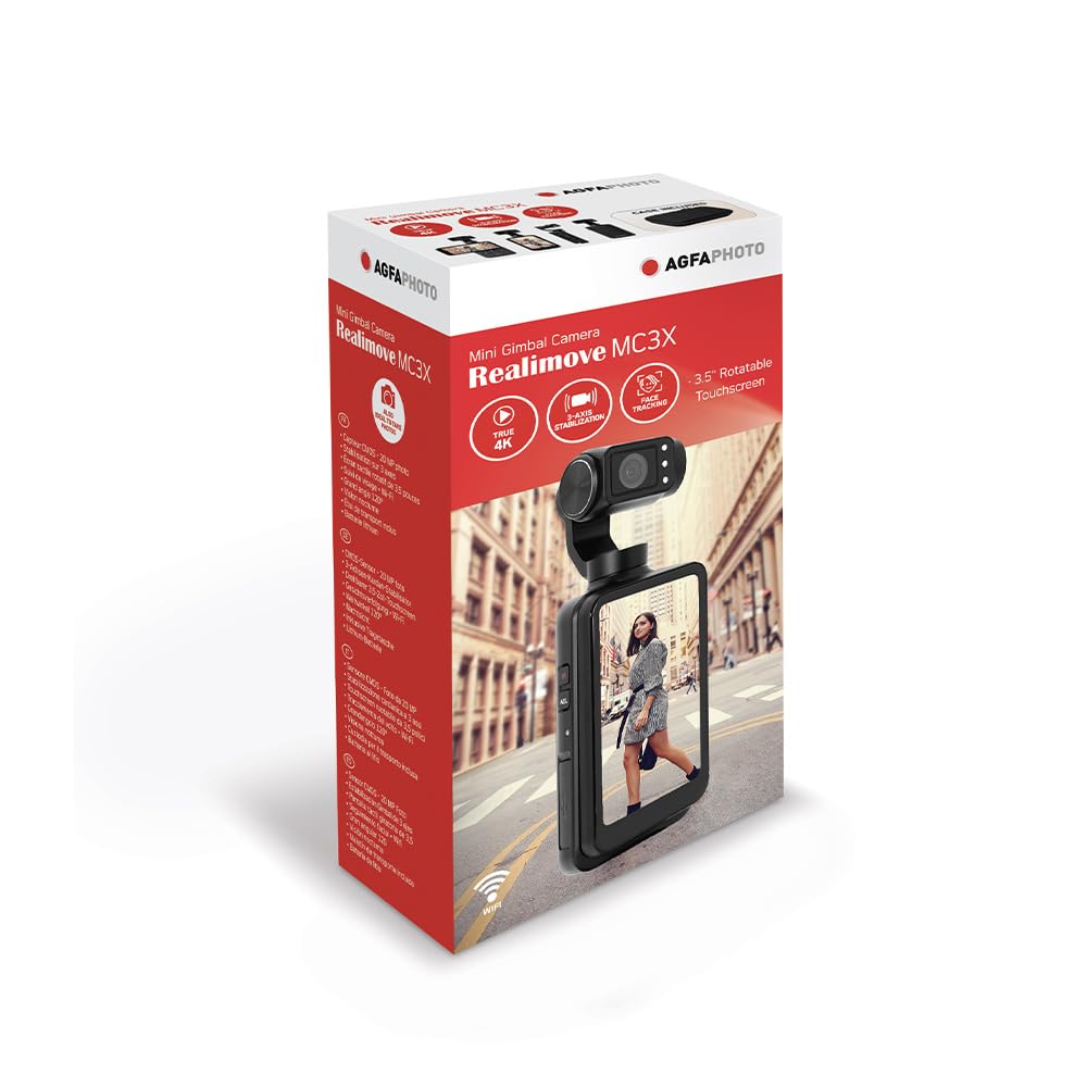 AGFA Photo Gimbal Realimove MC3X - Caméra Stabilisateur 3 Axes 4K Ultra HD, Écran Tactile Rotatif 3,5", 20 MP, Suivi de Visage, Vision Nocturne, Grand Angle 120°, Wi-FI, Autonomie 170 Min - Noir