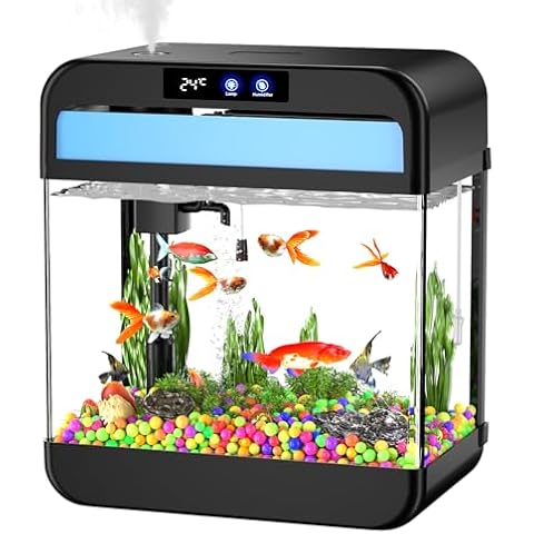 Fish Tank Aquarium 2.2 Gallon with Humidifier 7 Color Looping Light with Timer Self-Cleaning 3 in 1 Water Pump with Filteration & Oxygenation & Circulation, Temperature Display, HD Heat Bending Glass Cover