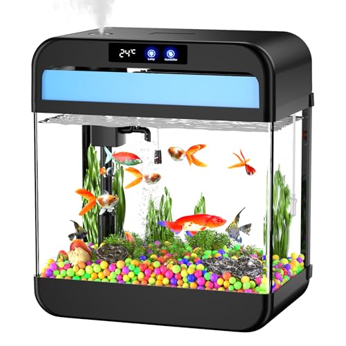 Fish Tank Aquarium 2.2 Gallon with Humidifier 7 Color Looping Light with Timer Self-Cleaning 3 in 1 Water Pump with Filteration & Oxygenation & Circulation, Temperature Display, HD Heat Bending Glass