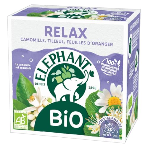 Elephant, Infusion Bio Relax, Goût Camomille, Tilleuil et Fleur d'Oranger, Bien-Etre et Relaxation, Ingrédients d'Origine 100% Naturelle, 20 Sachets Pyramid