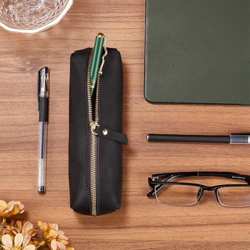 GORGECRAFT Leather Pencil Case Crazy Horse Large Capacity Genuine Leather Pencil Pouch (Black) Rectangular Portable Zippered Pen Cases with Zipper for Men and Women Office Supplies Pen Case - Image 4