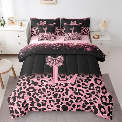 Image of Feelyou Girls Bow Comforter Set with Sheets 7 Piece King Size Glitter Leopard Print Bedding Set for Kids Boys Girls Initial Letter L Bed in a Bag Room Decor Soft Lightweight Microfiber