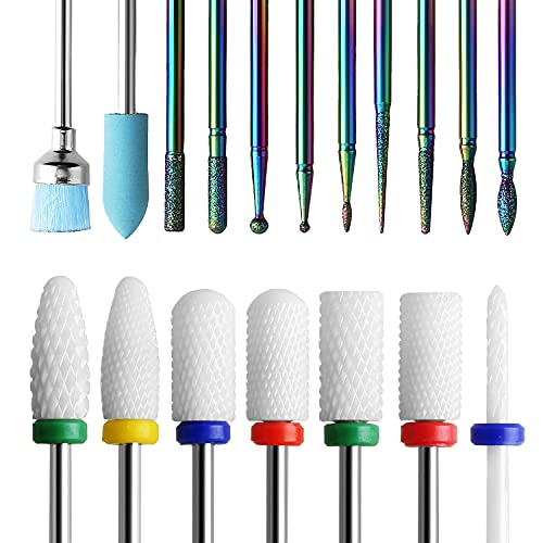 ERUIKA 18pcs Nail Drill Bits Sets, 3/32 Inch Ceramic Diamond Cuticle Electric Nail Cutter Acrylic Gel Nail Bit Kit, Cuticle Remover Crystal Nail Extension Bits for Nails Home Salon