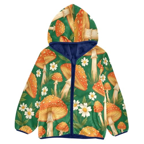 Mushroom Floral Pattern on Green Toddler Fleece Jacket Girl Boys Hooded Fleece Jacket Coat Warm Outwear Zip-up 3-10T